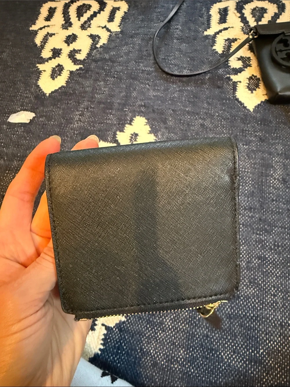 Tory Burch navy Leather Zip Card Wallet with Gold Logo